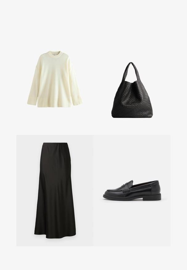 Cappotto beige realizzato in tessuto leggero. Presenta bottoni doppi, una vita con cintura e un colletto con spalline.; Maglione oversize color crema realizzato in tessuto morbido. Presenta un collo e dei polsini a coste, con un corpo liscio. Ideale per creare strati.; Gonna maxi in satin nero con texture liscia, vita alta e fondo svasato. Caratterizzata da un design semplice senza motivi visibili o accessori.; Mocassini in pelle nera con una superficie liscia, punta rotonda, dettagli cuciti sulla tomaia e suola piatta in gomma bassa.; Borsa a rete nera con due manici. Texture morbida, design flessibile e una grande forma arrotondata. Nessun hardware o accenti visibili.