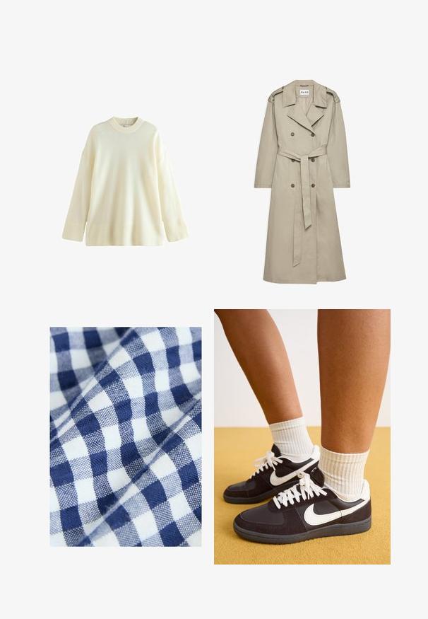 Gaiši brūns trenčkotis, kas izgatavots no viegla auduma. Iespējas ar dubultiem pogām, jostu vidukļa daļā un apkakli ar plecu uzplečiem.; Krēmkrāsas lielizmēra džemperis, izgatavots no maigas auduma. Tam ir ribota apkakle un aproces, ar gludu ķermeņa daļu. Ideāli piemērots slāņu veidošanai.; Kokvilnas audumam ir zila un balta ģeometriskā rakstu, kas sastāv no maziem, vienmērīgiem kvadrātiem. Tekstūra izskatās austs un gluda.; Melnbalti Nike kedai ar zamša un ādas augšdaļu, baltām auklām, valkāti ar ribotām krēmkrāsas zeķēm, uz dzeltena fona.