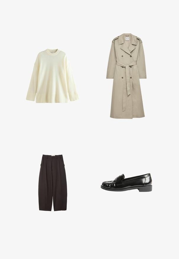Bež plašč iz lahkega blaga. Ima dvojne gumbke, pas z ježkom in ovratnik z ramenskimi epauleti.; Kremno obarvan oversized pulover iz mehkega materiala. Ima rebrast ovratnik in manšete, telo pa je gladko. Idealno za plastenje.; Črne široke hlače iz gladkega materiala, z visokim pasom, zgornjimi pregibi in stranskimi žepi. Preprost dizajn brez okrasnih elementov.; Črne usnjene loafers sandale s sijočo površino, okrogelim prstom, šivanim detajlom in nizko blokasto peto. Gladka tekstura in klasičen dizajn.