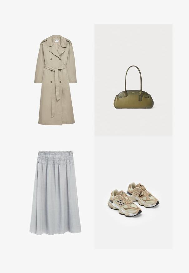 Beige trenchcoat gemaakt van lichtgewicht stof. Heeft een dubbelzijdige knopen, een ceintuur in de taille en een kraag met schouderepauletten.; Lichtblauw, langetermijnshirt van textiel met een open voorkant en een subtiele kraag. Heeft gefronste mouwen en een comfortabele pasvorm.; Lichtgrijze, knielange rok met een gathered elastische tailleband en een zachte, gladde textuur. Vloeiende vorm met een lichte A-lijn.; Beige sneakers van mesh en nubuck materialen. Bevat een zwart logo en gegrandeerde accenten. Dikke witte tussenzool en zwarte rubberen buitenzool.; Geïnspireerde olijfgroene leren handtas met een gestructureerde vorm, dubbele handgrepen, subtiele stiksels en een label bevestigd met een gouden ketting.