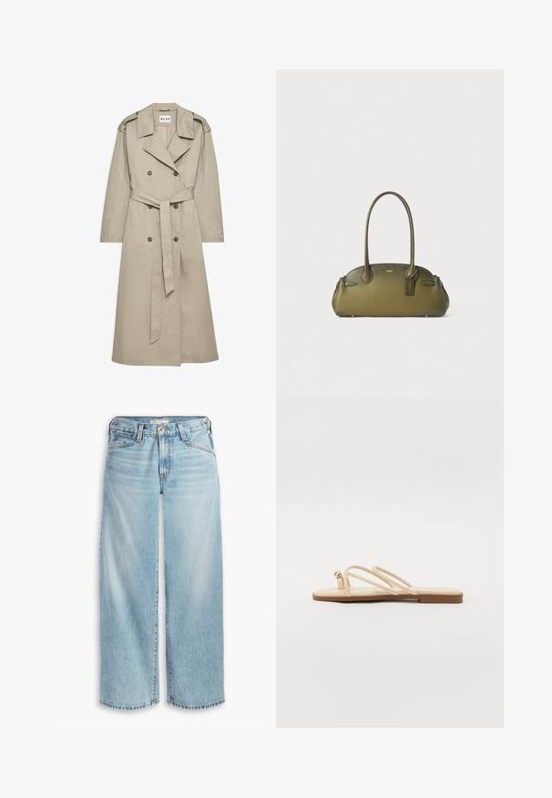 Bežový trench coat vyrobený z ľahkej tkaniny. Má dvojradové gombíky, opasok v páse a golier s ramennými epauletami.; Svetlo modrá, dlhá košeľa s dlhým rukávom vyrobená z textúrovaného materiálu s otvoreným predným dizajnom a jemným golierom. Obsahuje manžetové rukávy a voľný strih.; Svetlomodré džíny s voľnými nohavicami vyrobené z denimu, s vysokým pásom, gombíkovým zapínaním a rozstrapkaným lemom. Viditeľné švy a vrecká.; Béžové ploché sandále s tromi tenkými popruhmi a malým zaobleným zlatým akcentom. Hladký materiál s minimalistickým dizajnom a hnedou podrážkou.; Olive zelená kožená kabelka s hladkým povrchom, zaobleným tvarom, dvojitými ušami a detailom menovky. Akcenty zlaťonového kovania.