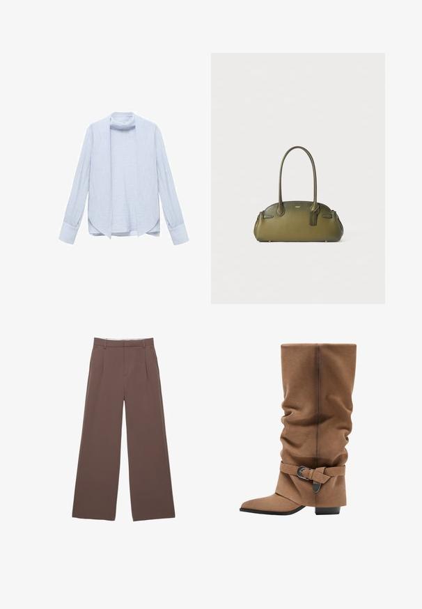 Cappotto beige realizzato in tessuto leggero. Presenta bottoni doppi, una vita con cintura e un colletto con spalline.; Camicia azzurra chiara a maniche lunghe realizzata in tessuto testurizzato, con un design aperto sul davanti e un colletto sottile. Presenta maniche con risvolto e una vestibilità rilassata.; Pantaloni a gamba larga in tessuto marrone uniforme, con una trama liscia, pieghe frontali e una vita su misura. Senza loghi o motivi visibili.; Stivale marrone slouchy fino al ginocchio, realizzato in morbido camoscio, con punta quadrata e una cintura decorativa con fibbia metallica alla caviglia.; Borsa a mano in pelle verde oliva con texture liscia, forma arrotondata, manici doppi superiori e dettaglio etichetta da viaggio. Accenti in metallo color oro.