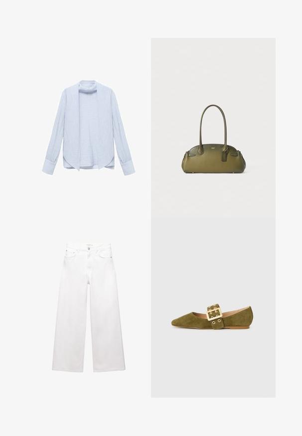 Beżowy płaszcz typu trencz wykonany z lekkiego materiału. Posiada podwójne guziki, paski w talii oraz kołnierz z naramiennikami.; Jasnoniebieska, długosleeve koszula z teksturowanej tkaniny, z otwartym przodem i subtelnym kołnierzykiem. Posiada mankiety z zapięciem oraz luźny krój.; Białe dżinsy o szerokich nogawkach wykonane z bawełny, z wysokim stanem, pięcioma kieszeniami oraz mosiężnymi detalami. Gładka, nieprzetarta faktura.; Zielono-oliwkowe zamszowe półbuty z szpiczastym noskiem, z szerokim paskiem i detalem w postaci złotej klamry, oraz płaską, brązową podeszwą.; Skórzana torebka w oliwkowej zieleni o wyraźnie ukształtowanym kształcie, z dwoma uchwytami, subtelnym przeszyciem i metką przymocowaną złotym łańcuszkiem.