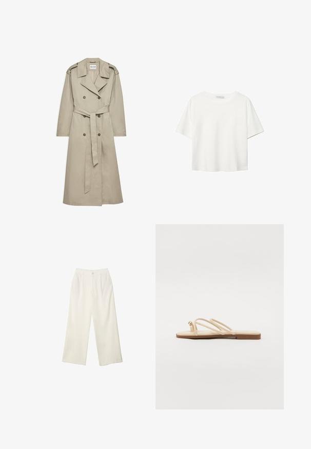 Cappotto beige realizzato in tessuto leggero. Presenta bottoni doppi, una vita con cintura e un colletto con spalline.; T-shirt bianco a maniche corte realizzato in cotone. Presenta un collo tondo e una vestibilità rilassata. Texture liscia senza motivi o dettagli visibili.; Pantaloni a gamba larga in tessuto crema con una texture liscia, caratterizzati da un singolo bottone frontale, pieghe sottili e un design a vita alta.; Sandali flat beige con tre cinture sottili e un piccolo accento dorato arrotondato. Materiale liscio con un design minimalista e una suola color cuoio.