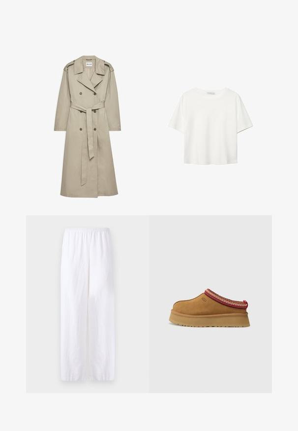 Bež plašč iz lahkega blaga. Ima dvojne gumbke, pas z ježkom in ovratnik z ramenskimi epauleti.; Bela kratka majica s kratkimi rokavi iz bombaža. Ima okroglo izrezovanje in sproščen kroj. Gladka tekstura brez vidnih vzorcev ali poudarkov.; Bela lanena hlače z elastičnim pasom, ki se ponašajo z ravnim krojem in stranskimi zarezi za zračenje ter udobno gibanje.; Rjavi suede natikači z rdečo in smetano obrobo z vzorcem, teksturiranimi podplati in logotipom UGG na strani. Imajo rahlo povišano platformo.