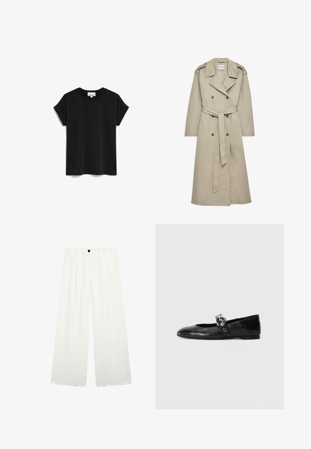 Beige trenchcoat gemaakt van lichtgewicht stof. Heeft een dubbelzijdige knopen, een ceintuur in de taille en een kraag met schouderepauletten.; ARMEDANGELS IDAARA - T-shirt basic - black; Wijd uitlopende broeken van witte stof, met een enkele zwarte knop bij de taille, twee frontzakken en een gladde, strakke textuur.; Zwarte leren balletschoenen met een spitse neus, voorzien van een band met een ronde metalen gesp en een platte zool.