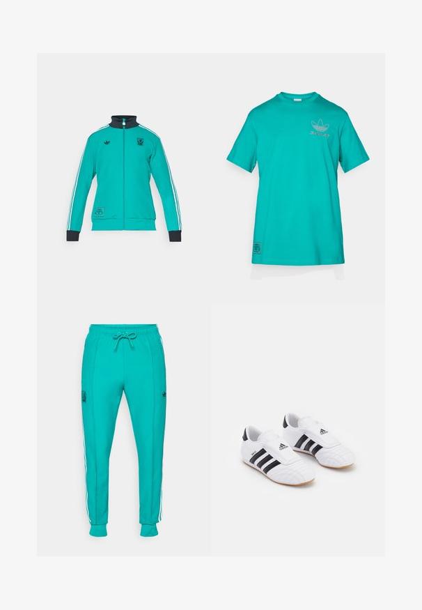 adidas Originals LIVERPOOL FC ICON TRACK TOP - Roupa de discoteca - sea green; adidas Originals LIVERPOOL FC ICON GRAPHIC T-SHIRT - Roupa de discoteca - sea green; adidas Originals LIVERPOOL FC ICON TRACK PANT - Roupa de discoteca - sea green; Ténis atléticos brancos com riscas pretas, com uma textura semelhante ao camurça, bico arredondado e uma tira de Velcro. Sola de borracha para aderência.