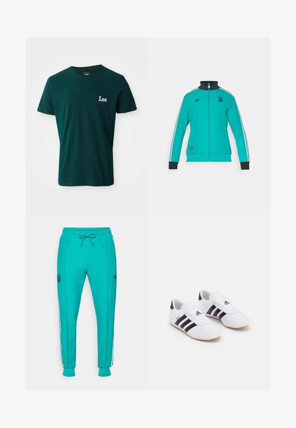 adidas Originals LIVERPOOL FC ICON TRACK TOP - Klubové oblečenie - sea green; Tmavohnedé bavlnené tričko s okrúhlym golierom, krátkymi rukávmi a bielym vyšívaným logom "Lee" na ľavej strane hrudníka.; adidas Originals LIVERPOOL FC ICON TRACK PANT - Klubové oblečenie - sea green; Biele športové topánky s čiernymi pruhmi, so semišovou štruktúrou, okrúhlou špičkou a suchým zipsom. Gumová podrážka pre trakciu.
