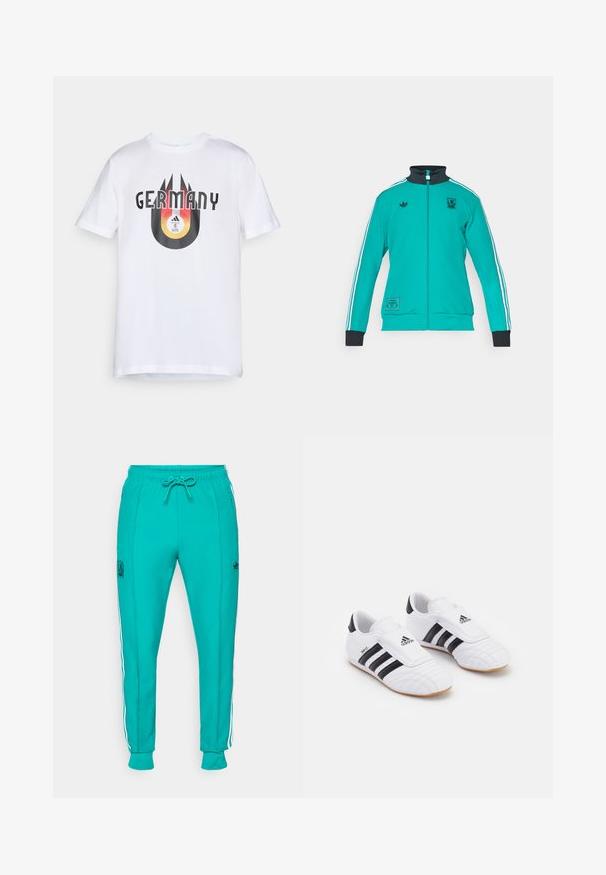 adidas Originals LIVERPOOL FC ICON TRACK TOP - Article de supporter d'équipe de club - sea green; T-shirt en coton blanc avec un graphisme noir et orange et le texte "ALLEMAGNE" accompagné d'un design circulaire avec un ballon de football et des rayures.; adidas Originals LIVERPOOL FC ICON TRACK PANT - Article de supporter d'équipe de club - sea green; Chaussures de sport blanches avec des rayures noires, présentant une texture semblable à du daim, un orteil arrondi et une sangle en Velcro. Semelle en caoutchouc pour l'adhérence.