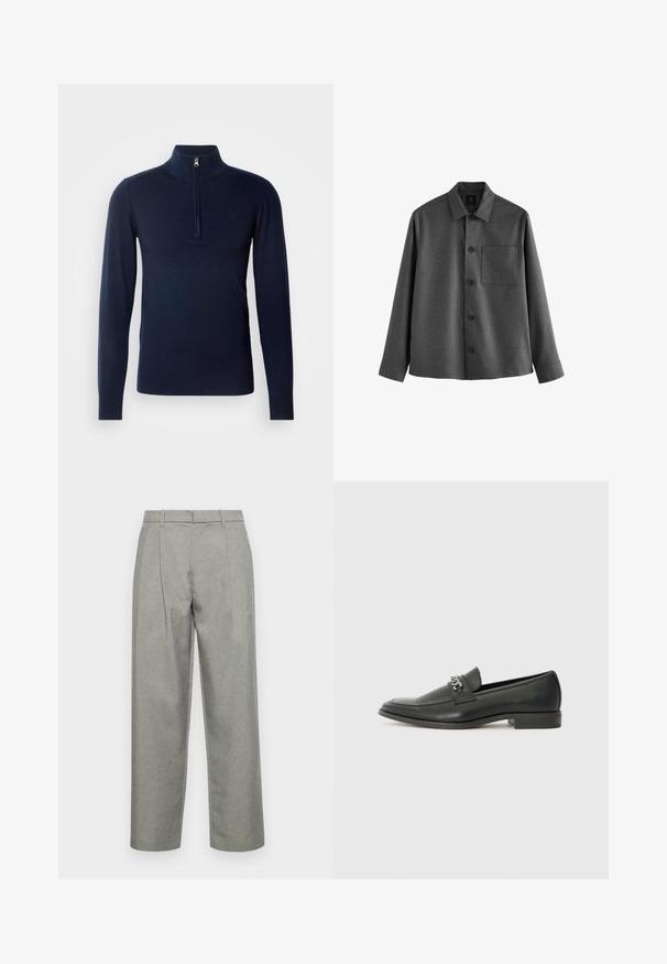 Graues Hemd mit Knopfleiste aus einem strukturierten Stoff, ausgestattet mit einem spitzen Kragen, langen Ärmeln, einer Brusttasche und fünf vorderen Knöpfen.; Dunkelblauer, gestrickter Pullover mit hohem Kragen, ausgestattet mit einem Viertelreißverschluss und gerippten Bündchen. Glatte Textur und minimalistisches Design.; Graue maßgeschneiderte Hose aus strukturiertem Stoff mit geradem Bein, Bundfalten und einem Standardbund mit Gürtelschlaufen.; Schwarzer Lederloafer mit glatter Oberfläche, ausgestattet mit einer gesteppten Gestaltung und einem dekorativen Metallkettendetail über dem Vorderblatt. Flacher Absatz.