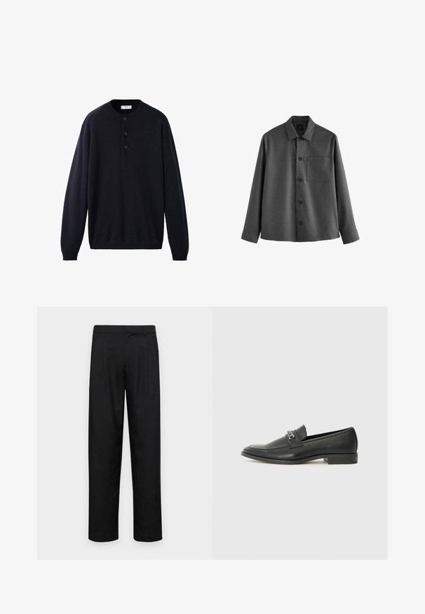 Cămașă gri cu nasturi, realizată dintr-un material texturat, având un guler ascuțit, mâneci lungi, un buzunar pe piept și cinci nasturi frontali.; Pulover navy blue, cu mânecă lungă și guler rotund, având un sistem de nasturi și manșete și tiv cu nervuri, fabricat dintr-un material moale, texturat.; Pantaloni negri dintr-un material neted, cu un design drept, două pliuri frontale și un tiv standard cu bucle pentru curea.; Pantofii negri din piele cu un finisaj neted, având un design cusut și un accent decorativ de lanț metalic peste partea de sus. Toc plat.