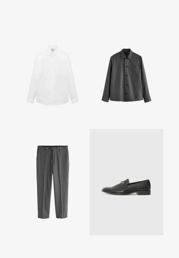 Szary koszula zapinana na guziki wykonana z teksturowanej tkaniny, z kołnierzykiem w kształcie litery V, długimi rękawami, kieszonką na piersi i pięcioma guzikami z przodu.; Biała koszula z długim rękawem, wykonana z gładkiego materiału, z klasycznym kołnierzykiem, zapięciem na guziki i zaokrąglonym dołem. Minimalistyczny design bez wzorów.; Szare spodnie wykonane z materiału o gładkiej fakturze, z zapięciem na guzik, pasem na pasek i bocznymi kieszeniami. Prosty krój nogawki.; Czarne skórzane mokasyny o gładkim wykończeniu, z haftowanym wzorem i dekoracyjnym akcentem z metalowego łańcucha na wierzchu. Płaska pięta.