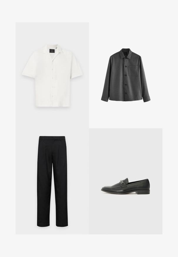 Šedá košeľa na gombíky vyrobená z texturovanej tkaniny, so špicatým golierom, dlhými rukávmi, náprsním vreckom a piatimi gombíkmi na prednej strane.; Krátky rukáv bielej košele s textúrovanou tkaninou, so golierom a štyrmi gombíkmi na prednom zapínaní. Minimálny dizajn bez ďalších vzorov.; Čierne nohavice vyrobené z hladkej tkaniny, s rovnými nohavicami, dvoma prednými skladmi a štandardným pásom s pútkami na opasok.; Čierne kožené loafers s hladkým povrchom, s prešitým dizajnom a dekoratívnym kovovým reťazovým akcentom cez priehlavok. Plochý podpätok.