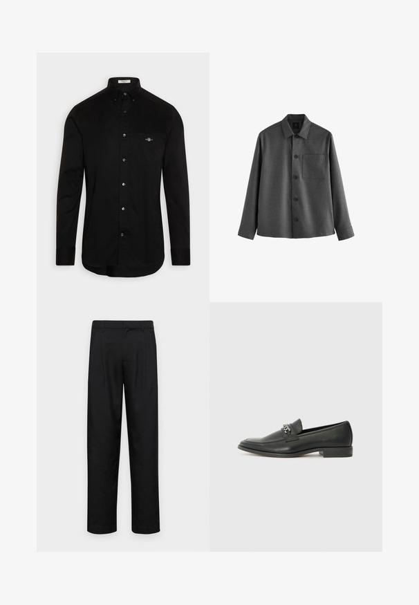Graues Hemd mit Knopfleiste aus einem strukturierten Stoff, ausgestattet mit einem spitzen Kragen, langen Ärmeln, einer Brusttasche und fünf vorderen Knöpfen.; Schwarzes Hemd mit Knopfverschluss, aus Baumwolle gefertigt, mit spitzem Kragen, langen Ärmel und einer Brusttasche mit einem kleinen, farbigen Logo gestickt.; Schwarze Hose aus glattem Stoff, mit geradem Bein Design, zwei vorderen Falten und einem Standardbund mit Gürtelschlaufen.; Schwarzer Lederloafer mit glatter Oberfläche, ausgestattet mit einer gesteppten Gestaltung und einem dekorativen Metallkettendetail über dem Vorderblatt. Flacher Absatz.