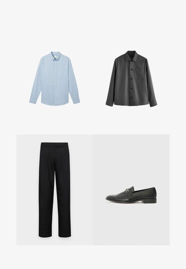 Pilkas marškinėlių švarkas, pagamintas iš tekstūrinio audinio, su smailiu apykakle, ilgos rankovėmis, krūtinės kišene ir penkiomis priekinėmis sagomis.; Šviesiai mėlyna ilga rankovė marškiniai, pagaminti iš audinio su tekstūruotu raštu, su sagčių apykakle ir vienu krūtinės kišeniu.; Juodi kelnių modeliai, pagaminti iš lygios medžiagos, turi tiesią kojas, du priekiniai klostės ir standartinę juosmenį su diržo kilpomis.; Juodos odinės loafer tipo bateliai su lygiu paviršiumi, turintys siuvinėtą dizainą ir dekoratyvų metalo grandinėlės akcentą ant batų viršaus. Plokščias kulnas.
