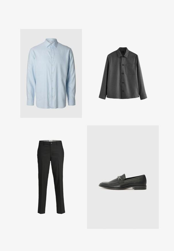 Siva srajca z gumbi, izdelana iz teksturirane tkanine, z ožjim ovratnikom, dolgimi rokavi, žepom na prsih in petimi gumbi spredaj.; Svjetloplava košulja dugih rukava od mekanog materijala, s klasičnim ovratnikom i prednjim zatvaranjem na dugmad, sa šest dugmadi u istoj boji.; Črne hlače, krojene prilega, gladka tkanina, srednje visok pas, sprednja zaponka, diagonalne žepke in pregibna podrobnost vzdolž nog.; Črni usnjeni loafer z gladko površino, ki ima šivano zasnovo in dekorativni kovinski verižni naglas preko vampirja. Ravno peto.