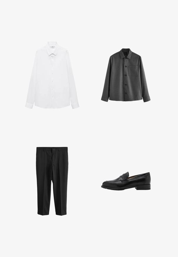 Szary koszula zapinana na guziki wykonana z teksturowanej tkaniny, z kołnierzykiem w kształcie litery V, długimi rękawami, kieszonką na piersi i pięcioma guzikami z przodu.; Biała koszula z długim rękawem i wywijanym kołnierzykiem, zapinana na guziki z przodu oraz z guzikami przy mankietach. Gładki materiał w klasycznym kroju.; Next - Spodnie garniturowe; Czarne skórzane mokasyny z przeszywaną przednią częścią i płaskim obcasem. Gładka tekstura z zaokrąglonym noskiem i dekoracyjnym paskiem na wierzchu stopy.
