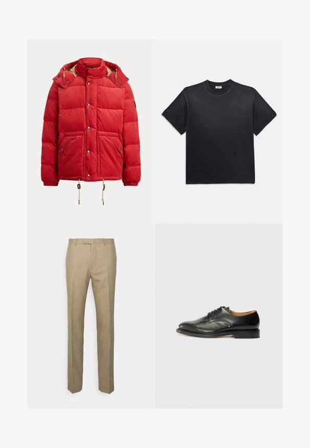 Sarkans korduroja pūkains jaka ar augstu apkakli, spiedpogām, diviem priekšējiem kabatām un regulējamiem auklām apakšmalā un kapucē.; Melna kokvilnas T-kreklā ar apaļu kakla izgriezumu un īsām piedurknēm. Iezīmējas ar brīvu piegriezumu, gludu tekstūru un minimālistisku dizainu.; Bežs pielāgots bikses, izgatavotas no auduma ar audumu, ar taisnu kāju dizainu, krokotu detaļu un klasisku jostasvietu ar jostu cilpiņām.; Melnas ādas kleitu kurpes ar gludu apdari, noapaļota purngala forma un minimālas saites. Iezīmējas ar niansētu dizainu un zemu, stabilu gumijas zoli.