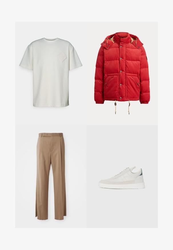 Rød kordfløjl pufferjakke med høj krave, trykknapper, to frontlommer og justerbare snore i kanten og hætten.; Kortærmet t-shirt i off-white bomuld, der har en tekstureret diamantlappes med et prægede design på venstre bryst.; Lysebrune skræddersyede bukser med lige ben, bæltestropper, front søm og skjult lukning, præsenteret fladt på hvid baggrund.; Hvide lædersneakers med grå ruskindsdetaljer, snørebåndsdesign, hævet tab og tekstureret gummisål med zigzag-mønster.