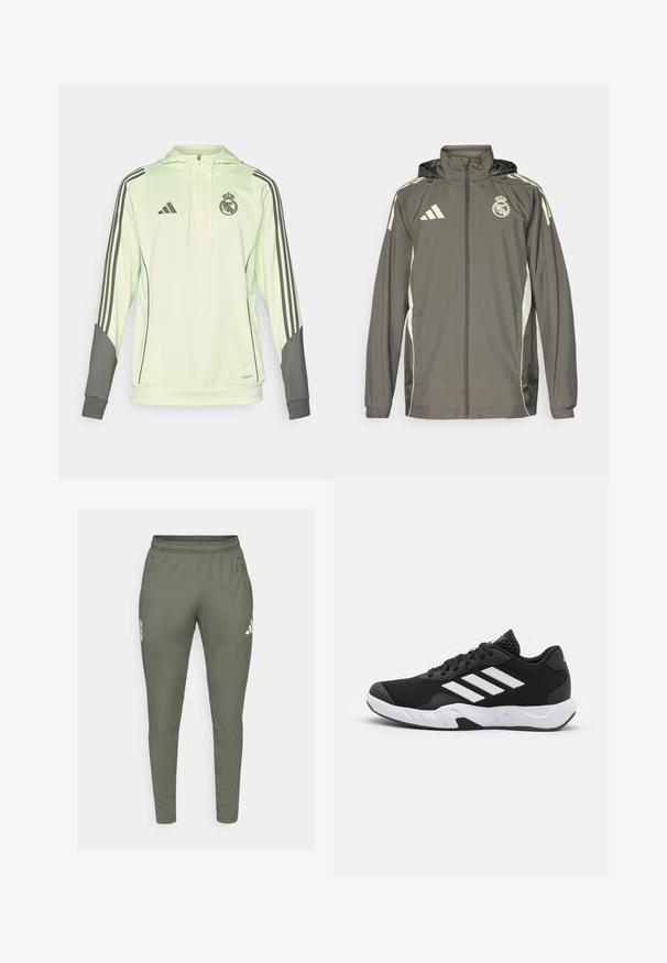 Grijze waterdichte jas met een capuchon, lichtgroene accenten, ritssluiting en geborduurd logo. Beschikt over zijzakken en elastische manchetten.; Lichtgroene hoodie met grijze accenten, voorzien van drie zwarte strepen op de mouwen, het Adidas-logo en het logo van Real Madrid.; Olijfgroene trainingsbroek met een slim fit, elastische tailleband en zijzakken. Bevat een logo op de linker dij en contrasterende accenten.; Zwarte sportieve schoenen met een geperforeerde mesh bovenkant, witte accentstrepen, een gevoerde zool en een versterkte hiel voor extra ondersteuning.