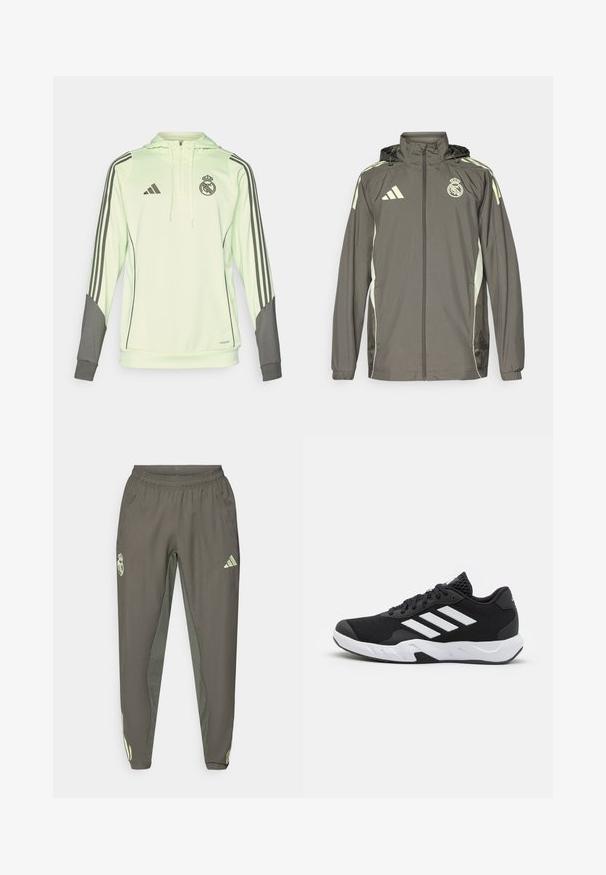 Šedá vodotěsná bunda s kapucí, s výraznými světle zelenými detaily, zapínání na zip a vyšitým logem. Obsahuje boční kapsy a elastické manžety.; Světle zelená mikina s kapucí a šedými akcenty, na rukávech se třemi černými pruhy, s logem Adidas a erbem Real Madrid.; Šedé sportovní kalhoty s elastickým pasem, s texturovaným povrchem a kontrastními zelenými bočními akcenty. Obsahují detail s logem.; Černé sportovní boty s texturovaným síťovaným svrškem, bílými akcentními pruhy, polstrovanou podrážkou a vyztuženým patem pro podporu.