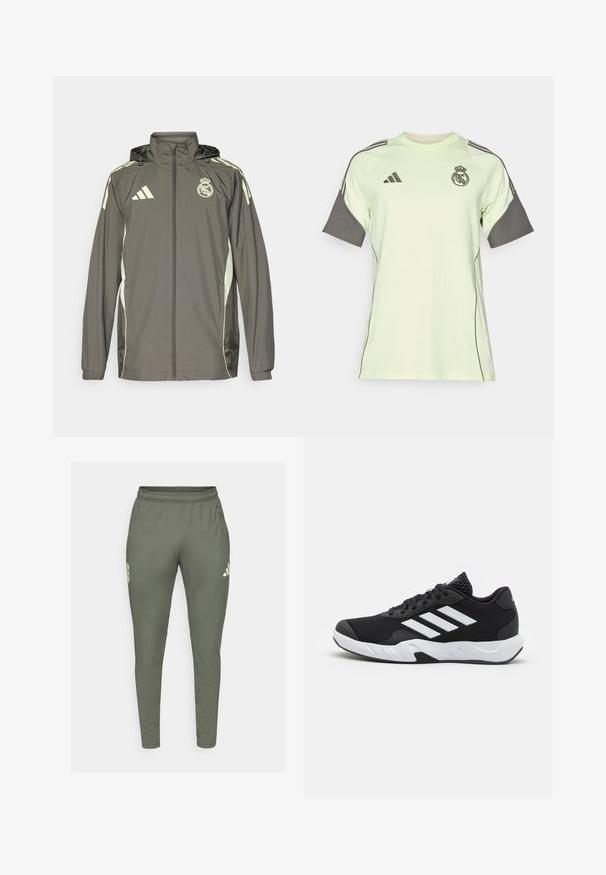 Chaqueta impermeable gris con capucha, detalles en verde claro, cierre de cremallera y logotipo bordado. Incluye bolsillos laterales y puños elásticos.; Jersey de manga corta verde claro con acentos grises, logo negro y franjas. Hecho de material transpirable, diseñado para prendas deportivas.; Pantalones deportivos en color verde oliva con un corte ajustado, cintura elástica y bolsillos laterales. Presenta un logo en el muslo izquierdo y acentos en contraste.; Zapatillas deportivas negras con una parte superior de malla texturizada, rayas de acento blancas, suela acolchada y talón reforzado para mayor soporte.