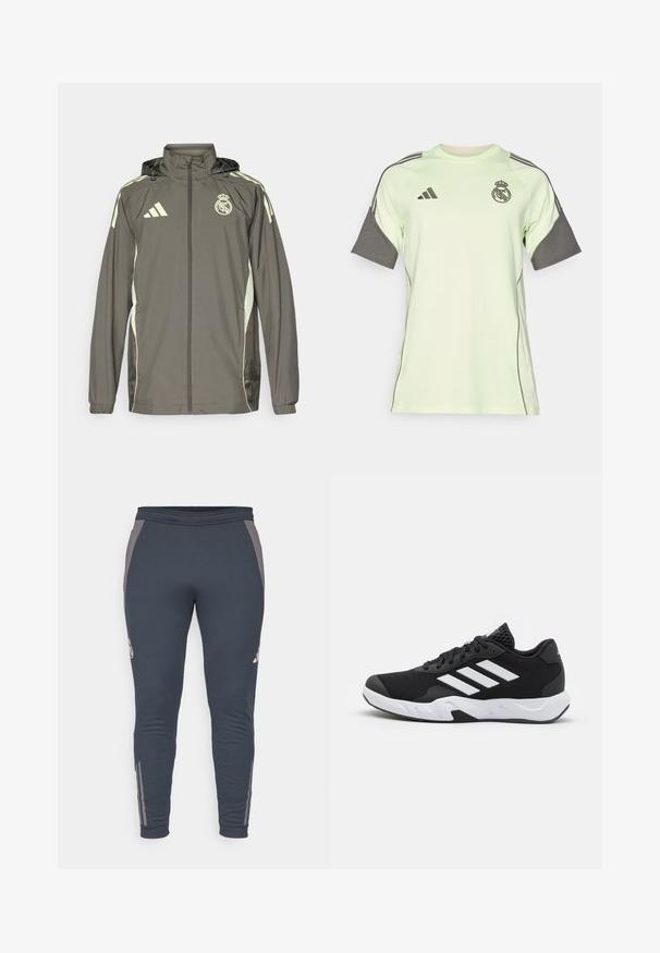 Graue wasserdichte Jacke mit Kapuze, hellgrünen Akzenten, Reißverschluss und gesticktem Logo. Verfügt über Seitentaschen und elastische Bündchen.; Hellgrünes Kurzarmtrikot mit grauen Akzenten, schwarzem Logo und Streifen. Hergestellt aus atmungsaktivem Material, entworfen für Sportbekleidung.; adidas Performance REAL MADRID EU TRAINING PANT - Vereinsmannschaften - dark grey/charcoal/putty mauve; Schwarze Sportschuhe mit einem strukturierten Mesh-Obermaterial, weißen Akzentstreifen, einer gepolsterten Sohle und einer verstärkten Ferse für Unterstützung.