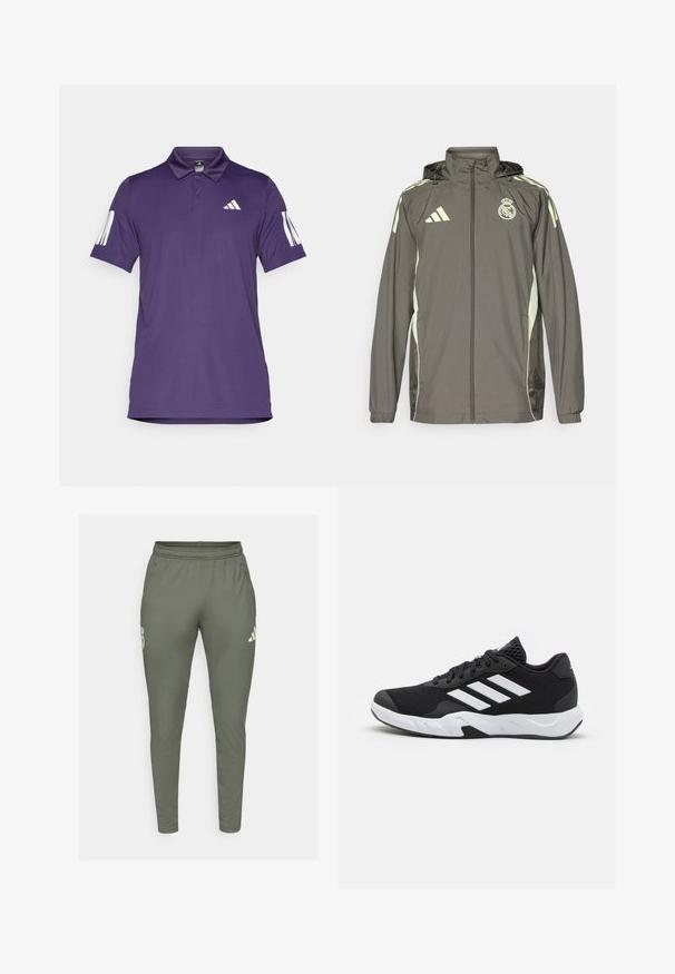 Casaco impermeável cinza com capuz, detalhes em verde claro, fecho de correr e logótipo bordado. Apresenta bolsos laterais e punhos elásticos.; Camisa polo roxa feita de tecido suave, com colarinho de três botões, logótipo branco da Adidas no peito e três riscas verticais nas mangas.; Calças de treino verde-oliva com um corte ajustado, cintura elástica e bolsos laterais. Tem um logótipo na coxa esquerda e detalhes em contraste.; Tenis negros desportivos com um superior em malha texturizada, riscas brancas de destaque, sola acolchoada e um calcanhar reforçado para suporte.