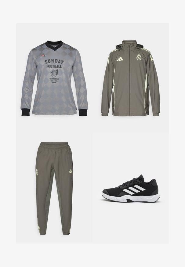 Pelēks ūdensnecaurlaidīgs jaka ar kapuci, gaiši zaļiem akcentiem, ar rāvējslēdzēju un izšūtu logotipu. Satur sānu kabatas un elastīgas aproces.; Umbro FOOTBALL - Kluba apģērbs - quiet shade; Pelēki sporta bikses ar elastīgu jostasvīru, ar strukturētu apdari un kontrastējošām zaļām sānu akcentēm. Iekļauts logo elements.; Melnas sporta kurpes ar teksturētu acu augšdaļu, baltām akcentu svītrām, mīkstu zoli un pastiprinātu papēdi atbalstam.