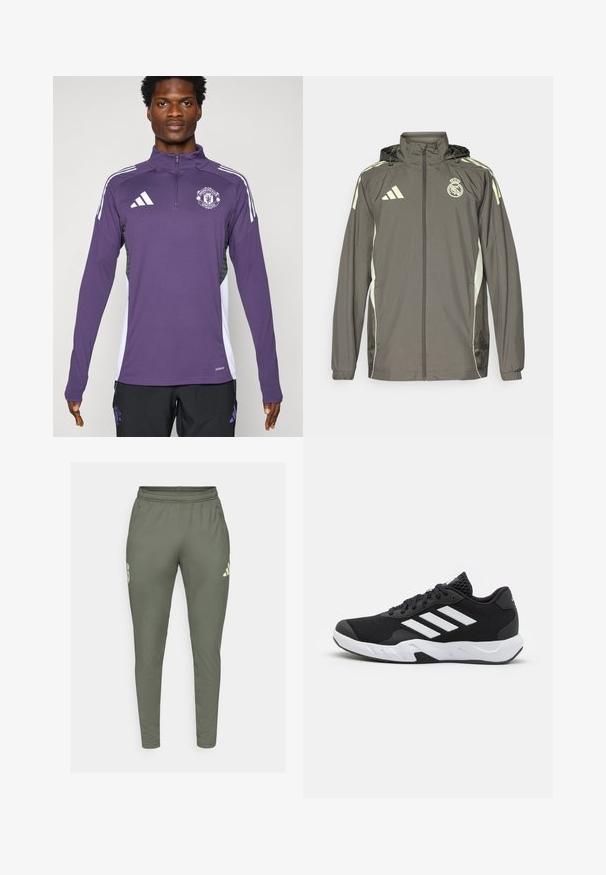 Gray waterproof jacket with a hood, light green accents, zip closure, and embroidered logo. Features side pockets and elastic cuffs.; Purple athletic jacket with zip collar, featuring white shoulder stripes and Manchester United logo. Made from smooth, lightweight material.; Olive green track pants with a slim fit, elastic waistband, and side pockets. Features a logo on the left thigh and contrasting accents.; Black athletic shoes with a textured mesh upper, white accent stripes, a cushioned sole, and a reinforced heel for support.