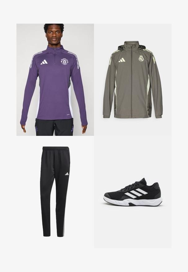 Grå vandtæt jakke med hætte, lysegrønne detaljer, lynlåslukning og broderet logo. Har sidelommer og elastiske manchetter.; Lilla atletisk jakke med lynlås krave, der har hvide skulderstriber og Manchester United-logo. Fremstillet af glat, let materiale.; Sorte træningsbukser med en strækbar talje, hvide sidelameller og et lille hvidt logo på låret. Fremstillet af et glat, let materiale.; Sorte atletiksko med en tekstureret mesh-overdel, hvide accentstriber, en polstret sål og en forstærket hæl for støtte.
