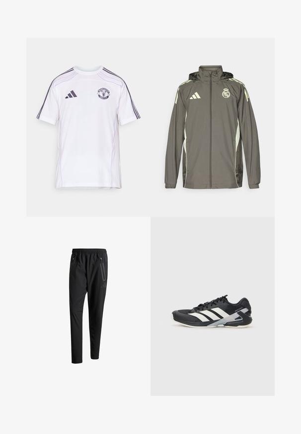 Šedá nepremokavá bunda s kapucňou, svetlozelenými akcentmi, zipsovým zapínaním a vyšitým logom. Obsahuje bočné vrecká a elastické manžety.; Biela futbalová košeľa s krátkym rukávom, ktorá má fialové pruhy adidas, vyšitý logo Manchester United a okrúhly výstrih.; Čierne športové nohavice s elastickým pásom, dvoma bočnými zipsovými vreckami, zužujúcimi sa nohavicami a nenápadným detailom loga na bokoch.; Čierna športová obuv s bielymi pruhmi, sieťovinový zvršok, zaoblená špička a polstrovaná podrážka. Obsahuje štruktúrovaný opätok a bezpečný systém šnurovania.