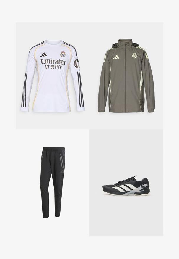 Hallide hall jacket, millel on kapuuts, heledad rohelised aktsendid, lukuga sulgemine ja tikandiga logo. Omab küljetaskuid ja elastseid mansette.; Valge pika varrukaga kerge jersei mustade ja kollaste detailidega, millel on "Emirates Fly Better" logo ja Real Madrid'i vapp, valmistatud kergest sünteetilisest materjalist.; Mustad mustrinäär megaelastse vöökoha, kahe tõmbluku küljeosalise tasku, kitseneva lõike ja peegeldavate detailidega esiosas.; Mustad sportlik jalanõud mustade värvidega, valgete triipudega, võrgusilma pealmine osa, ümar varvas ja pehme tallaga. Omab tekstureeritud kontsa ja kindlat paeltesüsteemi.