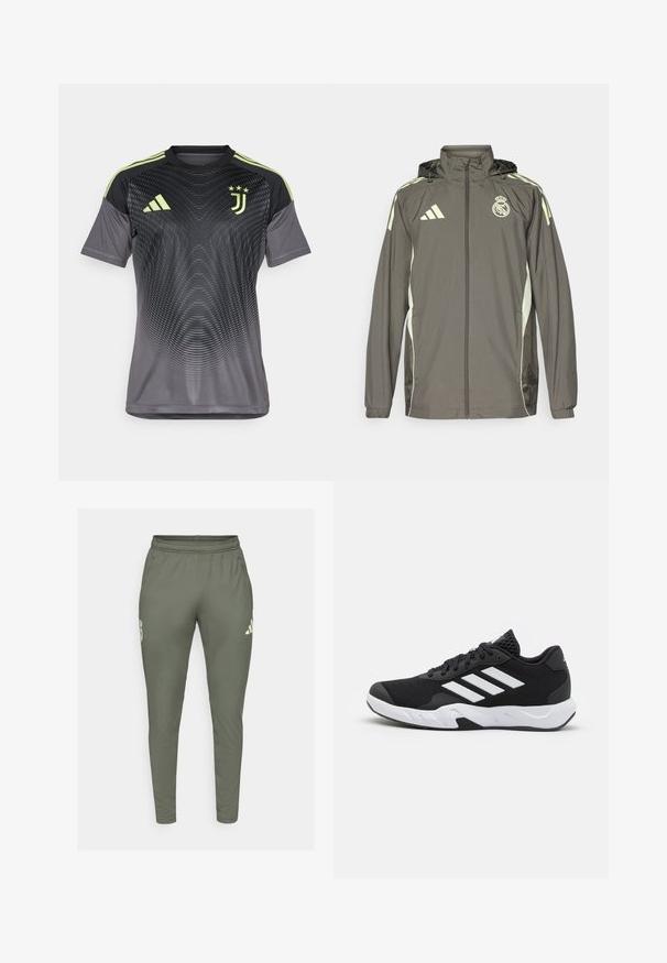 Hallide hall jacket, millel on kapuuts, heledad rohelised aktsendid, lukuga sulgemine ja tikandiga logo. Omab küljetaskuid ja elastseid mansette.; Hall Gray sportlik särk, millel on gradientkujundus, mustad varrukad, õlgadel kolm rohelist triipu ja Juventus logo.; Olive roheline spordipüksid kitsas lõikes, elastse talje ja küljetaskutega. Vasakul reiel on logo ja kontrastsed aktsendid.; Mustad mustosportlikud jalanõud, millel on tekstuuriga võrkpealne, valged aksenttriibud, pehme tallaga ja tugevdatud konts toe jaoks.