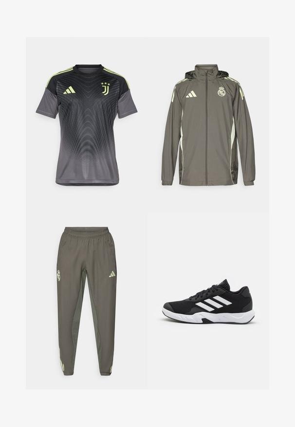 Pelēks ūdensnecaurlaidīgs jaka ar kapuci, gaiši zaļiem akcentiem, ar rāvējslēdzēju un izšūtu logotipu. Satur sānu kabatas un elastīgas aproces.; Pelēks sporta krekls ar gradienta dizainu, ar melnenem piedurknēm, trim zaļām svītrām uz pleciem un Juventus logotipu.; Pelēki sporta bikses ar elastīgu jostasvīru, ar strukturētu apdari un kontrastējošām zaļām sānu akcentēm. Iekļauts logo elements.; Melnas sporta kurpes ar teksturētu acu augšdaļu, baltām akcentu svītrām, mīkstu zoli un pastiprinātu papēdi atbalstam.