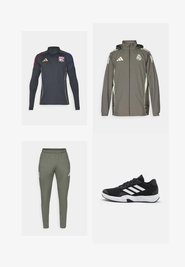 Grijze waterdichte jas met een capuchon, lichtgroene accenten, ritssluiting en geborduurd logo. Beschikt over zijzakken en elastische manchetten.; Zwarte atletische zip-up jack met lange mouwen, voorzien van rode en blauwe schouderaccenten, gouden bies en het logo van Olympique Lyonnais.; Olijfgroene trainingsbroek met een slim fit, elastische tailleband en zijzakken. Bevat een logo op de linker dij en contrasterende accenten.; Zwarte sportieve schoenen met een geperforeerde mesh bovenkant, witte accentstrepen, een gevoerde zool en een versterkte hiel voor extra ondersteuning.