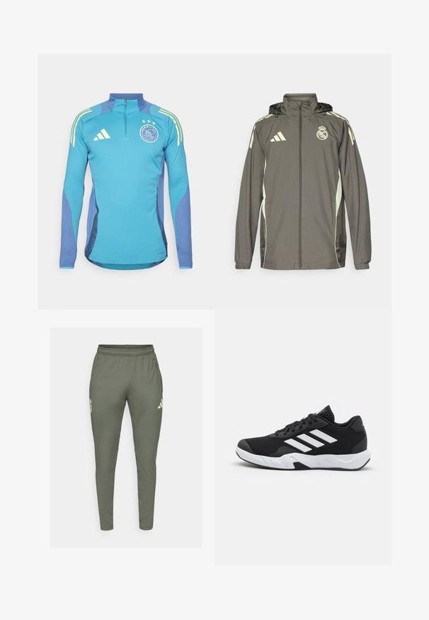 Šedá vodotěsná bunda s kapucí, s výraznými světle zelenými detaily, zapínání na zip a vyšitým logem. Obsahuje boční kapsy a elastické manžety.; adidas Performance AJAX AMSTERDAM TRAINING TOP - Top s dlouhým rukávem - tactile steel; Olivově zelené sportovní kalhoty s úzkým střihem, elastickým pasem a bočními kapsami. Na levém stehně se nachází logo a kontrastní detaily.; Černé sportovní boty s texturovaným síťovaným svrškem, bílými akcentními pruhy, polstrovanou podrážkou a vyztuženým patem pro podporu.