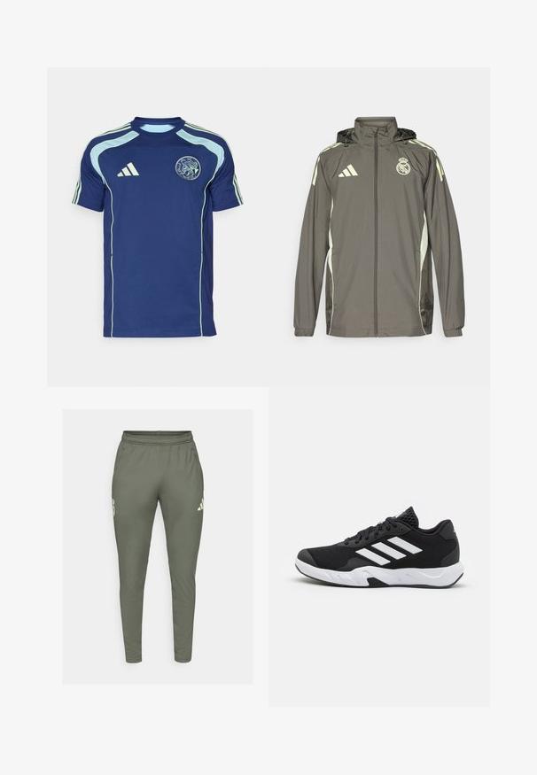 Šedá vodotěsná bunda s kapucí, s výraznými světle zelenými detaily, zapínání na zip a vyšitým logem. Obsahuje boční kapsy a elastické manžety.; Námořnická modrá polokošile s krátkým rukávem vyrobená z prodyšného materiálu, s světle modrými akcenty a logem Ajax na hrudi.; Olivově zelené sportovní kalhoty s úzkým střihem, elastickým pasem a bočními kapsami. Na levém stehně se nachází logo a kontrastní detaily.; Černé sportovní boty s texturovaným síťovaným svrškem, bílými akcentními pruhy, polstrovanou podrážkou a vyztuženým patem pro podporu.