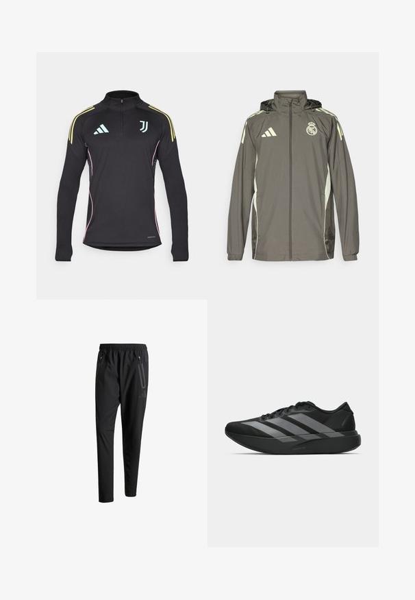 Casaco impermeável cinza com capuz, detalhes em verde claro, fecho de correr e logótipo bordado. Apresenta bolsos laterais e punhos elásticos.; Camisa de treino preta de mangas longas com fecho de meia zip, riscas amarelas nos ombros, detalhes em rosa nas laterais e logotipo azul claro no peito.; Calças de treino pretas com uma cintura elástica, dois bolsos laterais com fecho, pernas ajustadas e um discreto detalhe de logotipo no quadril.; Sapatilhas desportivas pretas com um design leve, apresentando três faixas cinzas proeminentes, uma textura suave e uma sola contornada.