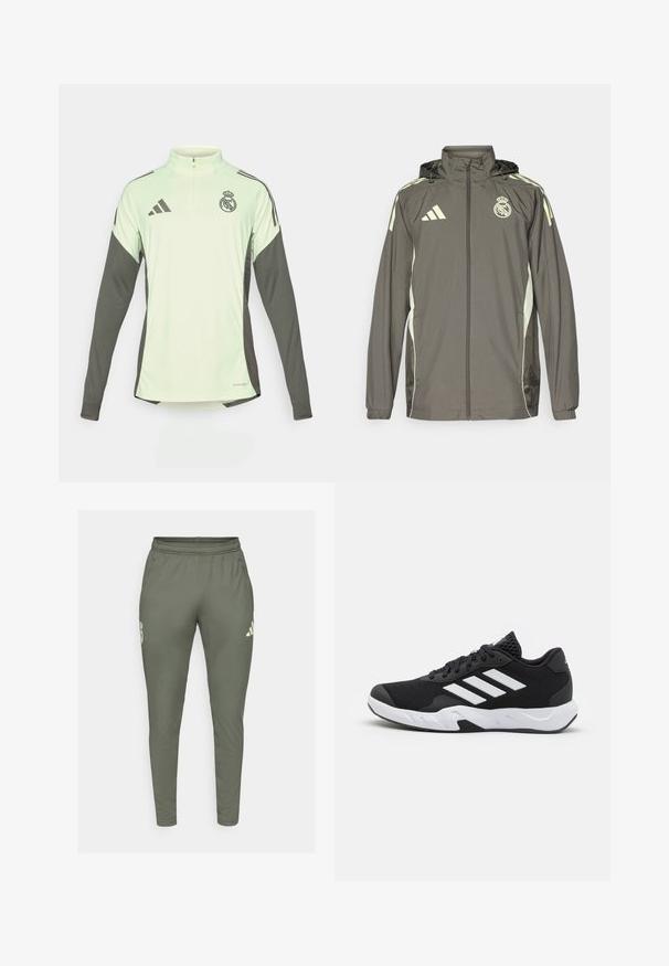 Szara wodoodporna kurtka z kapturem, jasnoszare akcenty, zamek błyskawiczny, wyszywane logo. Posiada kieszenie boczne i elastyczne mankiety.; Jasnozielona, długorękawowa koszulka z ciemnoszarymi akcentami, z półzamkiem przy dekolcie oraz logo Real Madrid. Wykonana z oddychającego materiału.; Oliwkowe spodnie dresowe o slim fit, z elastycznym pasem i bocznymi kieszeniami. Posiadają logo na lewym udzie oraz kontrastowe akcenty.; Czarne buty sportowe z teksturowaną siateczką u góry, białymi paskami akcentującymi, amortyzującą podeszwą i wzmocnionym piętą dla wsparcia.