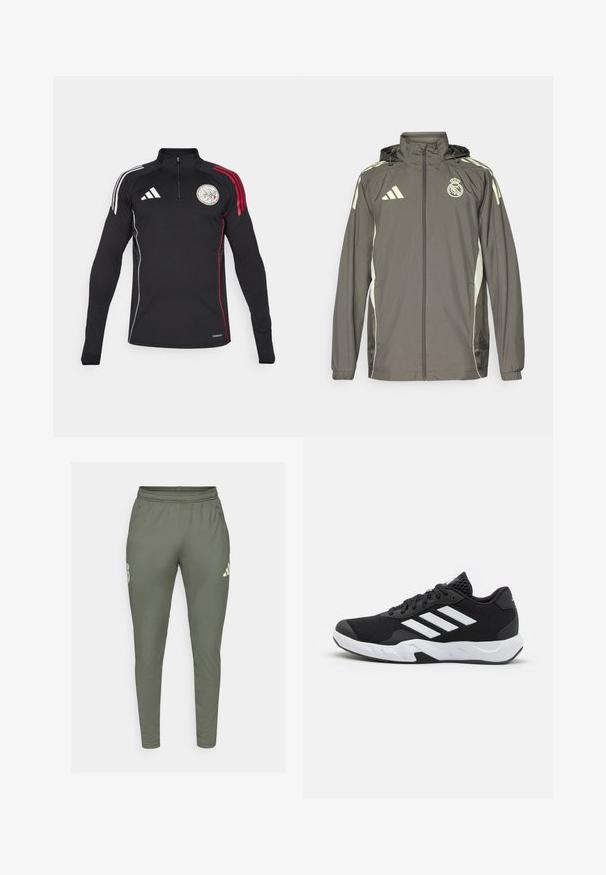 Gray waterproof jacket with a hood, light green accents, zip closure, and embroidered logo. Features side pockets and elastic cuffs.; Black athletic zip-up top with long sleeves, features three white stripes on one shoulder, red accents, and a circular logo on the chest.; Olive green track pants with a slim fit, elastic waistband, and side pockets. Features a logo on the left thigh and contrasting accents.; Black athletic shoes with a textured mesh upper, white accent stripes, a cushioned sole, and a reinforced heel for support.