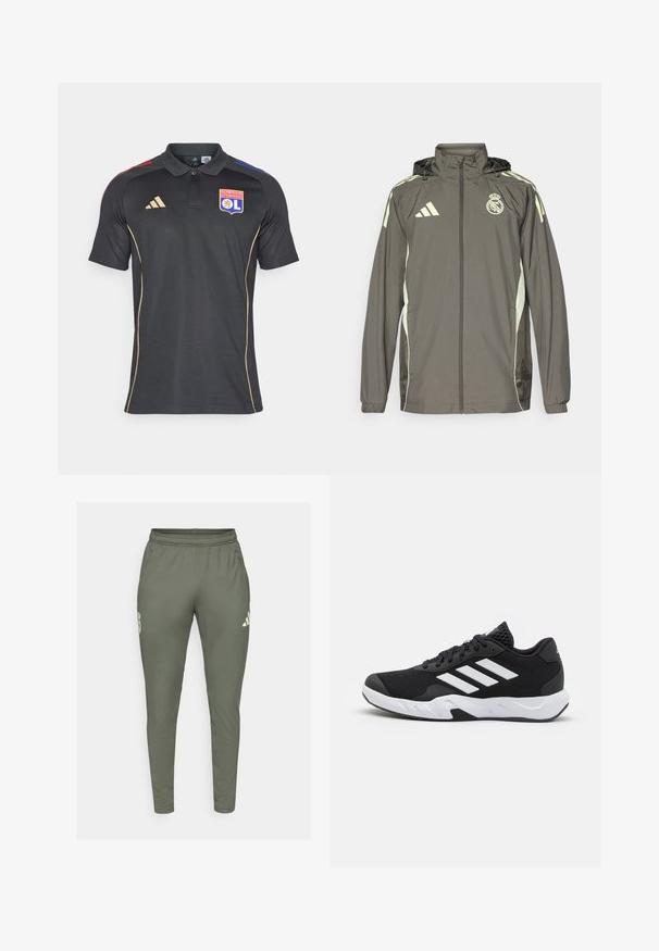 Pilkas vandeniui atsparus džemperis su kapišonu, šviesiai žaliais akcentais, užtrauktuku ir išsiuvinėtu logotipu. Turi šonines kišenes ir elastines rankoves.; Juodas polo marškinėliai pagaminti iš tekstūruoto audinio, su apykakle, auksiniais akcentais ir raudonomis bei mėlynomis spalvų juostomis ant pečių. Įeina logotipas.; Olivinės spalvos siauri treningai su elastinga juosme, šoninėmis kišenėmis. Su logotipu ant kairiojo šlaunies ir kontrastingais akcentais.; Juodi sportiniai batai su tekstūruotu tinkliniu paviršiumi, baltais akcentų dryžiais, paminkštintu padu ir sustiprintu kulnu paramai.
