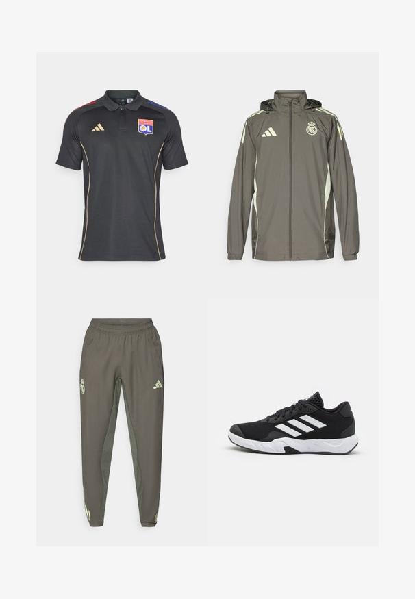 Hallide hall jacket, millel on kapuuts, heledad rohelised aktsendid, lukuga sulgemine ja tikandiga logo. Omab küljetaskuid ja elastseid mansette.; Must musta särk, mis on valmistatud tekstuursetest kangast, millega on kaunistatud krae, kuldsed aktsendid ja punased ning sinised triibud õlgadel. Includeb logo.; Hallid hallid spordipüksid elastse vöökohtaga, millel on tekstuurne viimistlus ja kontrastsete roheliste küljeaktsentidega. Sisaldab logo detaili.; Mustad mustosportlikud jalanõud, millel on tekstuuriga võrkpealne, valged aksenttriibud, pehme tallaga ja tugevdatud konts toe jaoks.