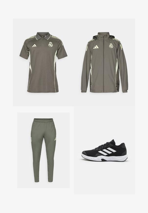 Harso vedenpitävä takki hupulla, vaaleanvihreillä yksityiskohdilla, vetoketjukiinnitys ja brodeerattu logo. Siinä on sivutaskut ja joustavat hihansuut.; Tummanharmaa polo-paita, jossa on vaaleanvihreät yksityiskohdat, teksturoitu kangas, kaulukset ja lyhyet hihat. Paidassa on logo rinnassa ja kolme raitaa hartioilla.; Olivi vihreät urheiluhousut joissa on slim fit, joustava vyötärö ja sivutaskut. Ominaisuuksiin kuuluu logo vasemmassa reidessä ja kontrastiväriset yksityiskohdat.; Mustat urheilukengät, joissa on teksturoitu verkkomateriaali yläosassa, valkoiset korostusraidat, pehmustettu pohja ja vahvistettu kanta tuen vuoksi.