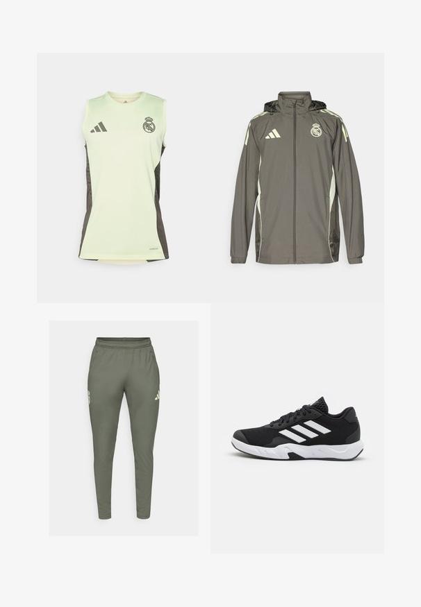 Graue wasserdichte Jacke mit Kapuze, hellgrünen Akzenten, Reißverschluss und gesticktem Logo. Verfügt über Seitentaschen und elastische Bündchen.; Hellgrünes ärmelloses Trikot mit dunkelgrauen Seiteneinsätzen, versehen mit dem Wappen von Real Madrid und dem Adidas-Logo, hergestellt aus feuchtigkeitsableitendem Stoff.; Olivgrüne Jogginghose mit schlankem Schnitt, elastischem Bund und Seitentaschen. Mit einem Logo auf dem linken Oberschenkel und kontrastierenden Akzenten.; Schwarze Sportschuhe mit einem strukturierten Mesh-Obermaterial, weißen Akzentstreifen, einer gepolsterten Sohle und einer verstärkten Ferse für Unterstützung.