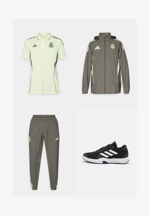 Gray waterproof jacket with a hood, light green accents, zip closure, and embroidered logo. Features side pockets and elastic cuffs.; Light green polo shirt with short sleeves, black accents, and logo on the chest. Features a collar and three-button placket.; Gray athletic pants with an elastic waistband, featuring a textured finish and contrasting green side accents. Includes a logo detail.; Black athletic shoes with a textured mesh upper, white accent stripes, a cushioned sole, and a reinforced heel for support.