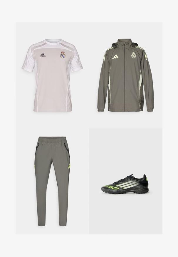 Jachetă impermeabilă gri cu glugă, accente verde deschis, închidere cu fermoar și logo brodat. Dispune de buzunare laterale și manșete elastice.; Tricou sportiv gri cu mâneci scurte, accente albe, logo-ul Adidas și emblema Real Madrid pe partea stângă a pieptului. Material ușor.; adidas Performance REAL MADRID C VISTECH P - Echipament cluburi fotbal - utility grey/semi frozen yellow; Pantofii de fotbal negri cu suprafață texturată, care au accente verzi strălucitoare și trei dungi albe. Proiectați pentru teren de iarbă artificială, cu talpă din cauciuc.