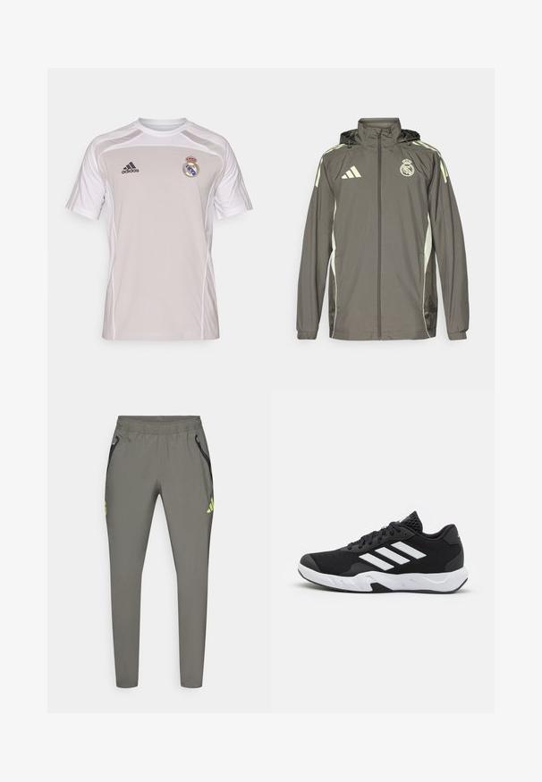 Gray waterproof jacket with a hood, light green accents, zip closure, and embroidered logo. Features side pockets and elastic cuffs.; Gray athletic shirt featuring short sleeves, white accents, the Adidas logo, and Real Madrid emblem on the left chest. Lightweight fabric.; adidas Performance REAL MADRID C VISTECH P - Club wear - utility grey/semi frozen yellow; Black athletic shoes with a textured mesh upper, white accent stripes, a cushioned sole, and a reinforced heel for support.