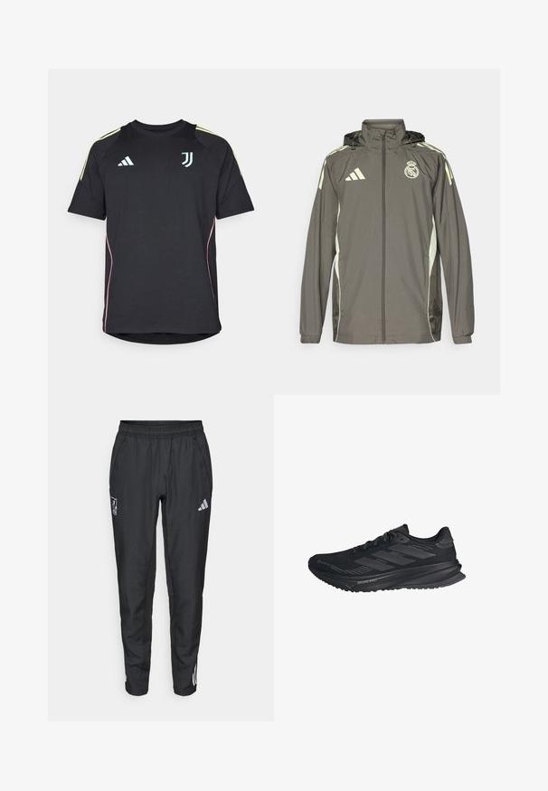 Harso vedenpitävä takki hupulla, vaaleanvihreillä yksityiskohdilla, vetoketjukiinnitys ja brodeerattu logo. Siinä on sivutaskut ja joustavat hihansuut.; Musta lyhythihainen urheilupaita, jossa on vaaleansiniset ja keltaiset yksityiskohdat, pyöreä pääntie ja logot yksityiskohtana rinnassa. Sileä kankaan rakenne.; adidas Performance LIVERPOOL FC 25/26 EUROPEAN PRESENTATION PANTS - Joukkuetuote - black; Musta Adidas-juoksukenkä, jossa on Gore-Tex-päällinen, kolme raitaa sivulla ja "Dreamstrike" pohjassa, nähtynä ulkopuolelta.