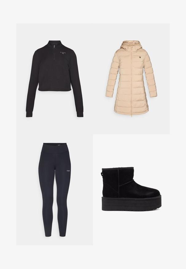 Lett beige pufferjakke med hette. Har ribbede mansjetter, glidelås foran og en trekantet logo på venstre bryst. Glatt tekstur.; Svart kortermet genser med høy krage og kvart glidelås. Har lange ermer og et logo på brystet. Jevn tekstur.; Marineblå langermet crop topp med høy hals og kvart glidelås, med teksturerte skulderpaneler og en tettsittende silhuett.; Svarte leggings med høy midje, laget av elastisk stoff, med en liten hvit logo på låret og en glatt tekstur.; Svarte semskede ankelstøvler med en tykk plattformsåle og myk fôr. Fullført med sømdetaljer og en bakre opphengsløkke for enkel påkledning.